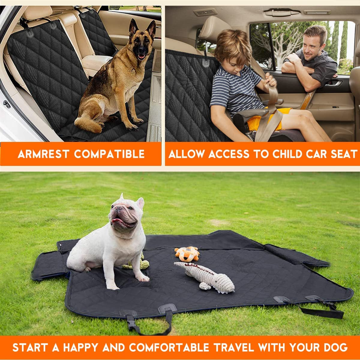 Back Seat Cover for Dogs, Waterproof, Non-Slip Reat Seat Cover Fits Middle Armrest for Most Cars Trucks Suvs - Black